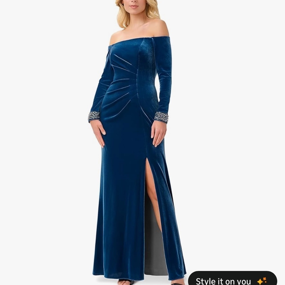 Adrianna Papell Velvet Off-The-Shoulder Beaded-Cuff Gown Size 12 Blue Winter